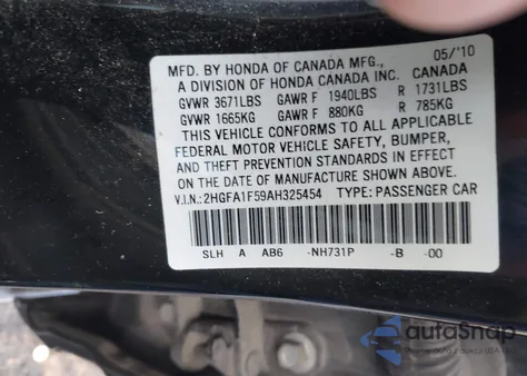 2010 Honda Civic Lx z USA, uszkodzony, nr VIN 2HGFA1F59AH325454